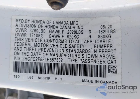 2020 Honda Civic Sport z USA, uszkodzony, nr VIN 2HGFC2F88LH557332